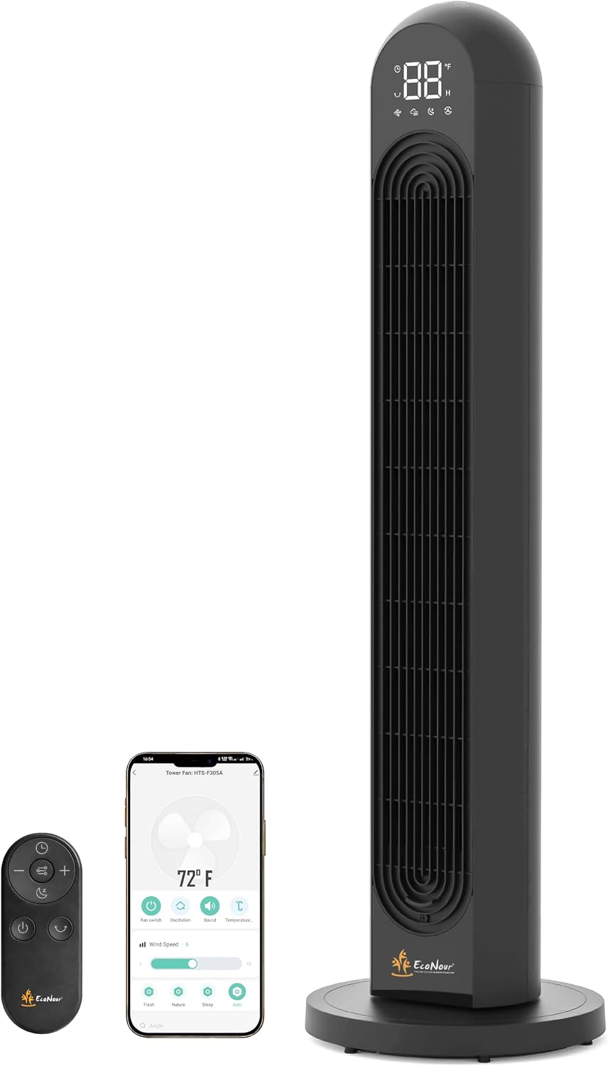 EcoNour 42-Inch Smart Tower Fan with WiFi & Alexa Control | Bladeless Quiet Cooling Fan | 12 Speeds, 4 Modes, 12H Timer | Remote & LED Touch Display | Bedroom & Office Cooling Fan (Black)