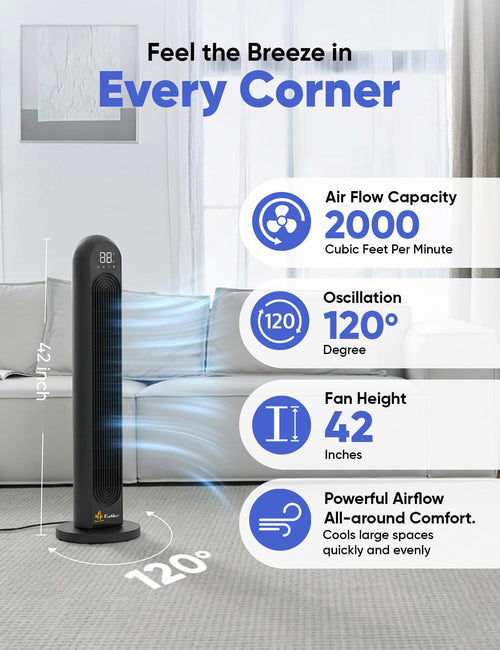 EcoNour 42-Inch Smart Tower Fan with WiFi & Alexa Control | Bladeless Quiet Cooling Fan | 12 Speeds, 4 Modes, 12H Timer | Remote & LED Touch Display | Bedroom & Office Cooling Fan (Black)
