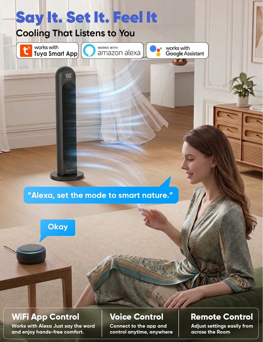 EcoNour 42-Inch Smart Tower Fan with WiFi & Alexa Control | Bladeless Quiet Cooling Fan | 12 Speeds, 4 Modes, 12H Timer | Remote & LED Touch Display | Bedroom & Office Cooling Fan (Black)