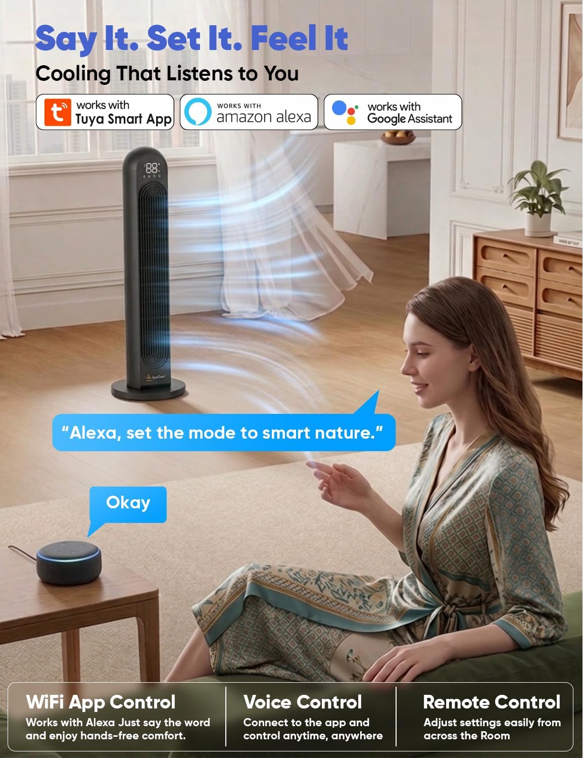 EcoNour 42-Inch Smart Tower Fan with WiFi & Alexa Control | Bladeless Quiet Cooling Fan | 12 Speeds, 4 Modes, 12H Timer | Remote & LED Touch Display | Bedroom & Office Cooling Fan (Black)
