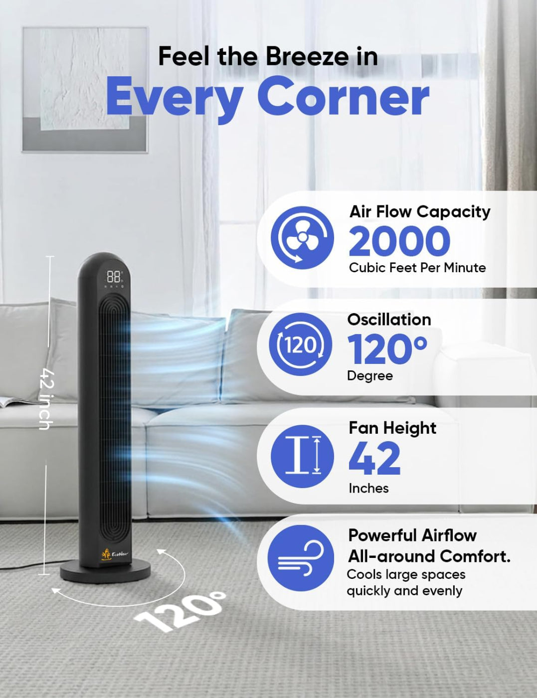 Tower fan with specifications displayed in a living room setting