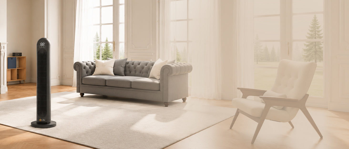 Modern living room with gray sofa, chair, and a standing air purifier.